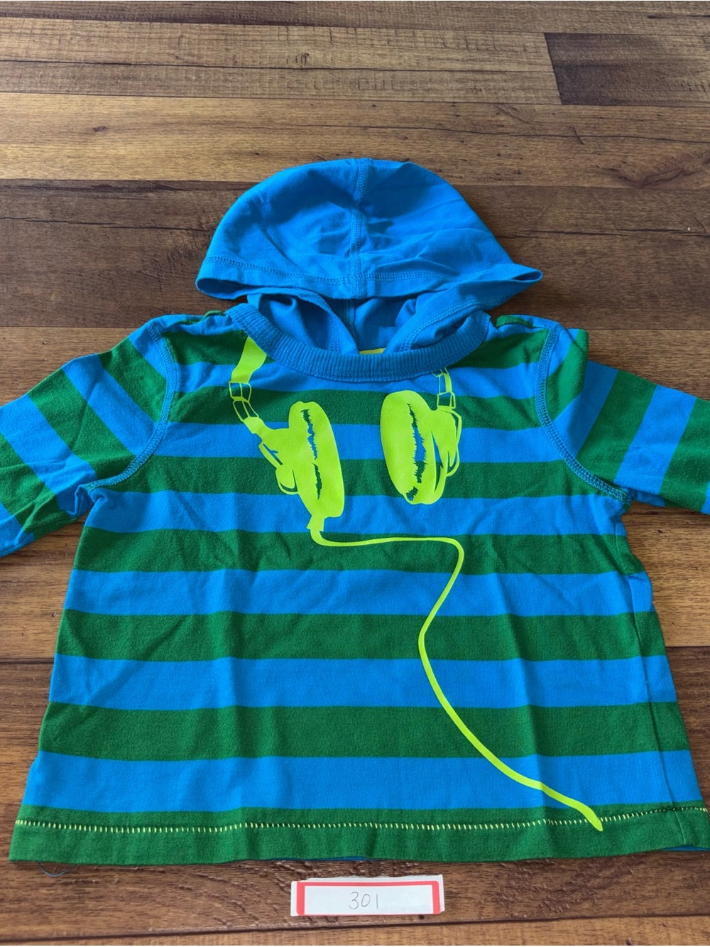Toddler Hooded Striped Tee with Headphones Graphic - Blue & Green